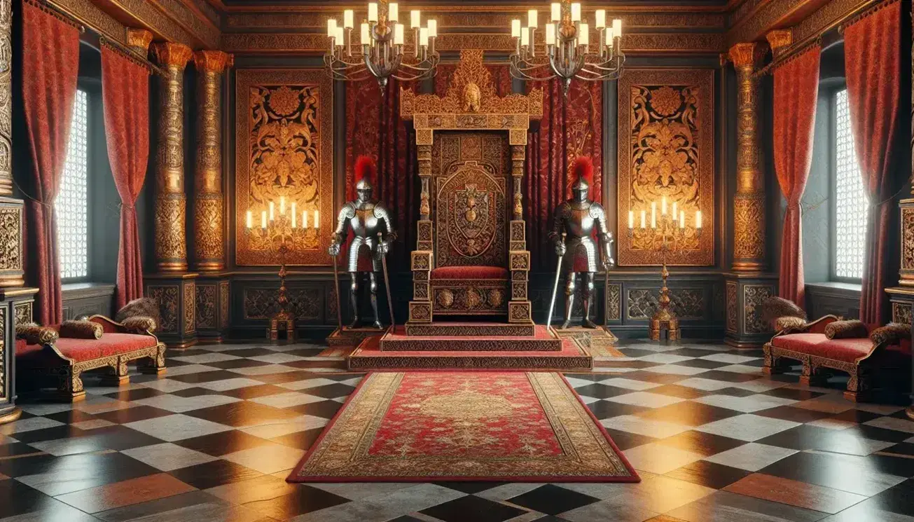 16th-century tsarist-style throne room with carved wooden throne, red and gold tapestries, checkered floor and statues of knights.