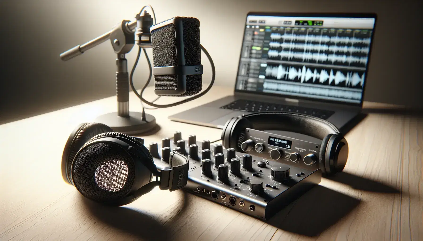 Equipo de grabación de audio con micrófono condensador, filtro anti-pop, auriculares de estudio y interfaz de audio junto a laptop con software de edición.