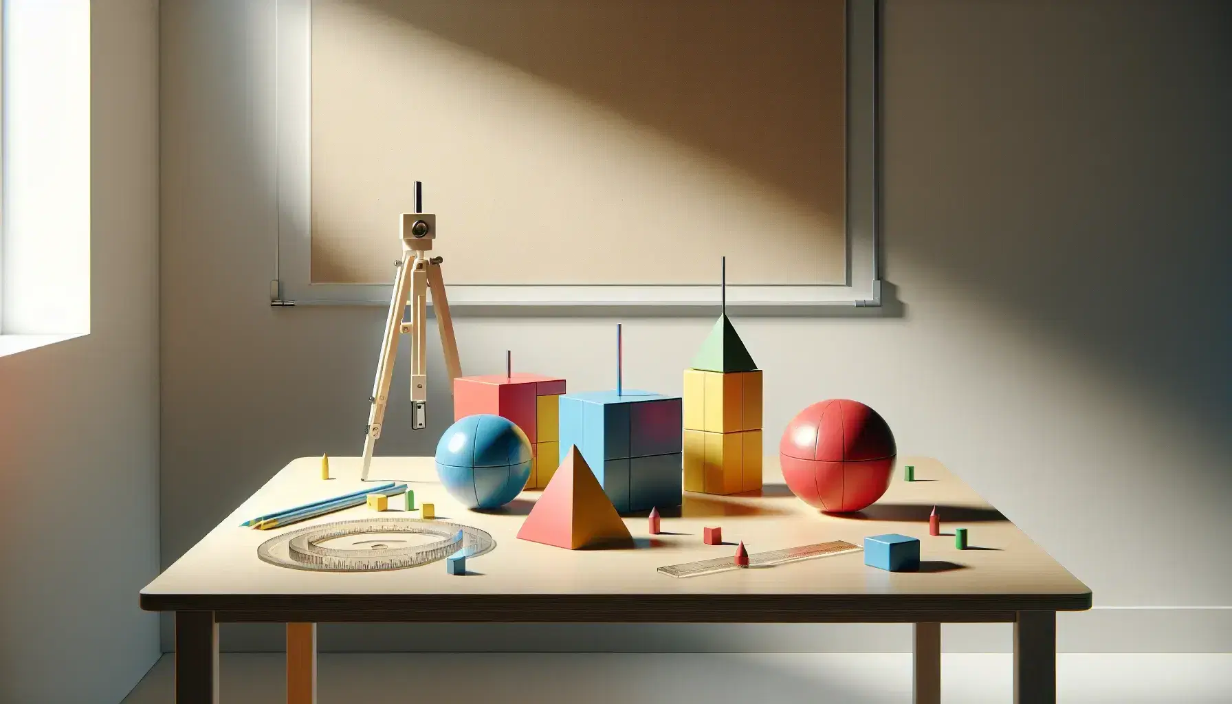 Mesa de trabajo de madera clara con figuras geométricas de colores, regla transparente y compás metálico, bajo luz natural con pizarra al fondo.