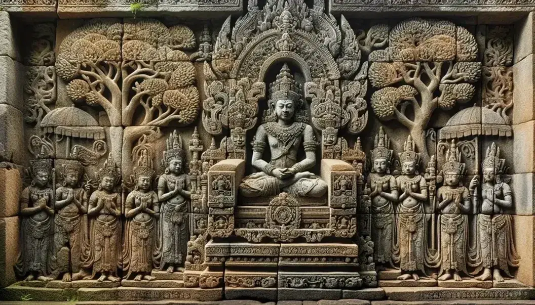 Detailed Majapahit Empire stone relief showing a regal figure on a throne with attendants, amidst a forest scene with animals, carved in high and low relief.
