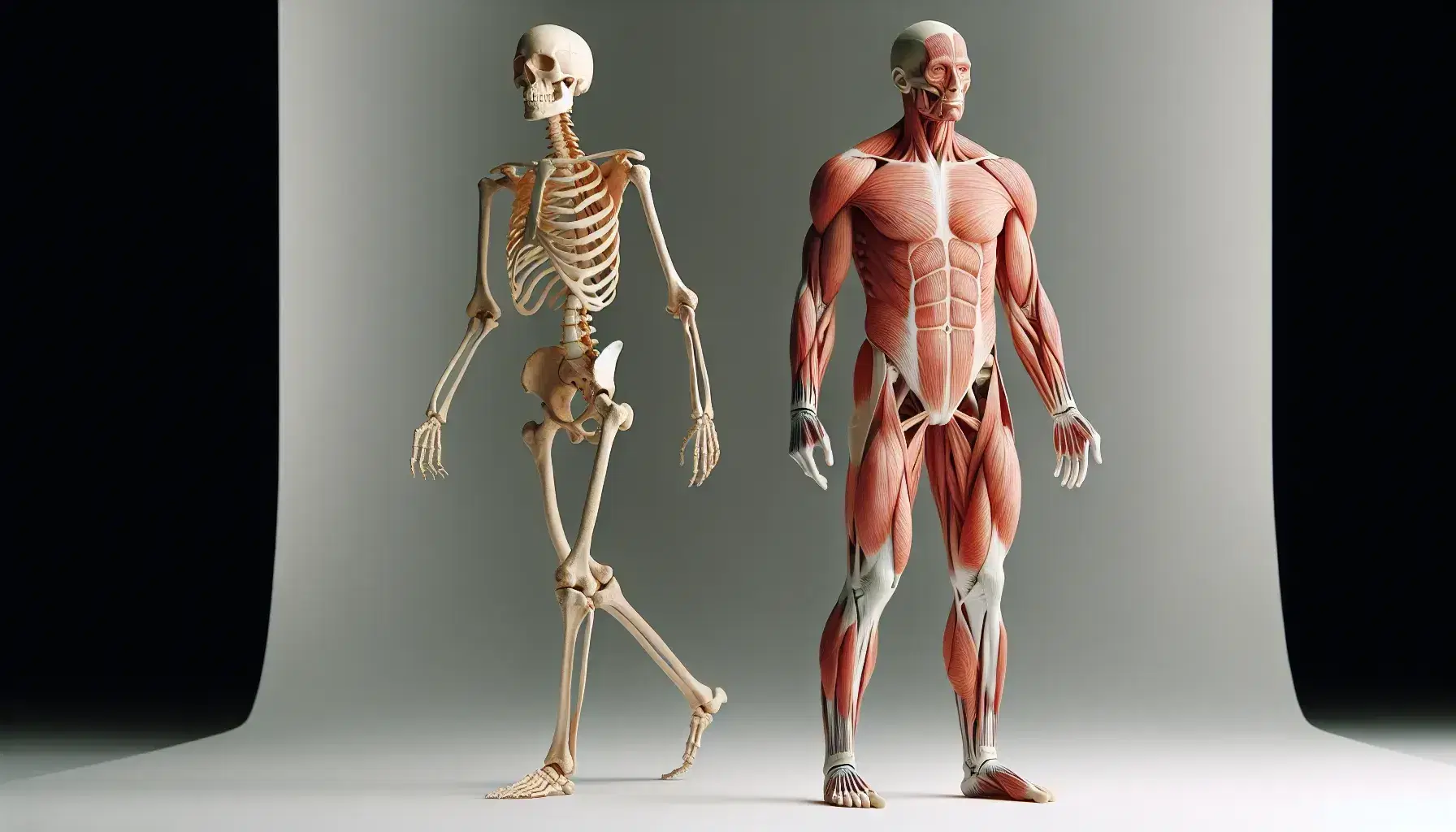 Esqueleto humano completo en posición erguida junto a figura muscular en pose dinámica, destacando la anatomía ósea y muscular del sistema locomotor.