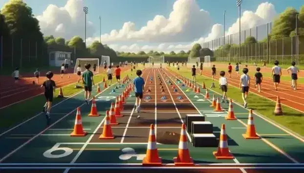 Pista de atletismo al aire libre con conos naranjas, estudiantes haciendo ejercicio y porterías de fútbol en un día soleado.