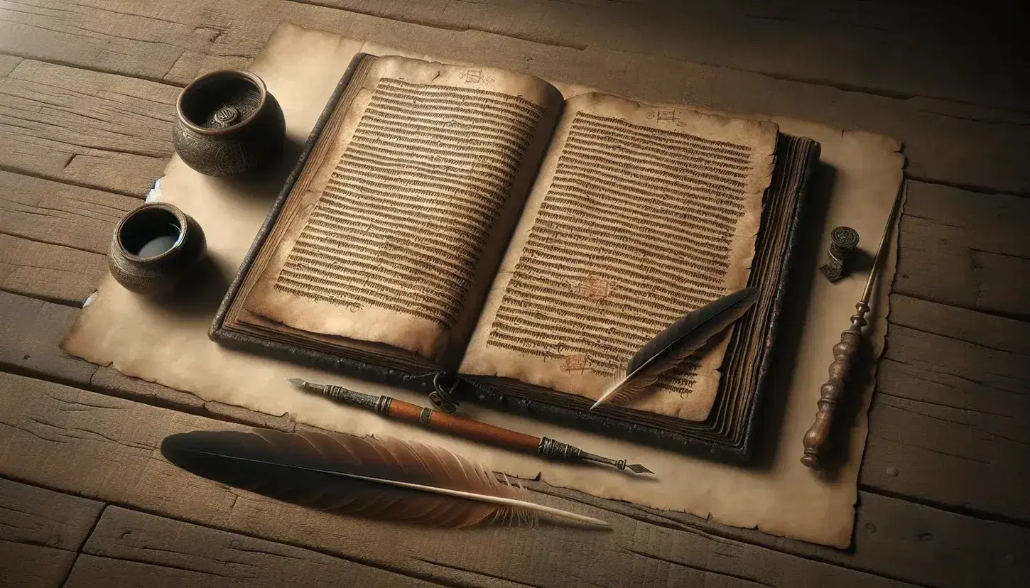 Vintage still life with open leather-bound manuscript, quill pen beside bronze inkwell, and half-burnt candle in holder on a wooden table.