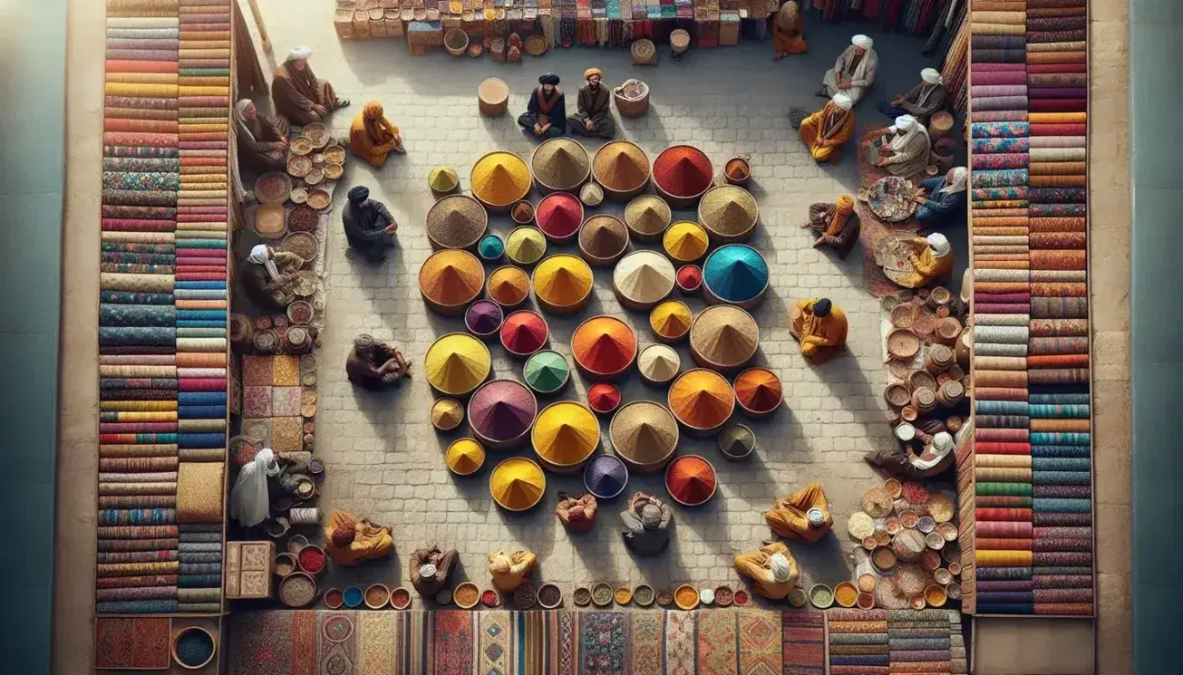 Bird's-eye view of a vibrant outdoor market with colorful spice piles, textile stalls, traditional musicians, and ceramic pottery on a sunny day.