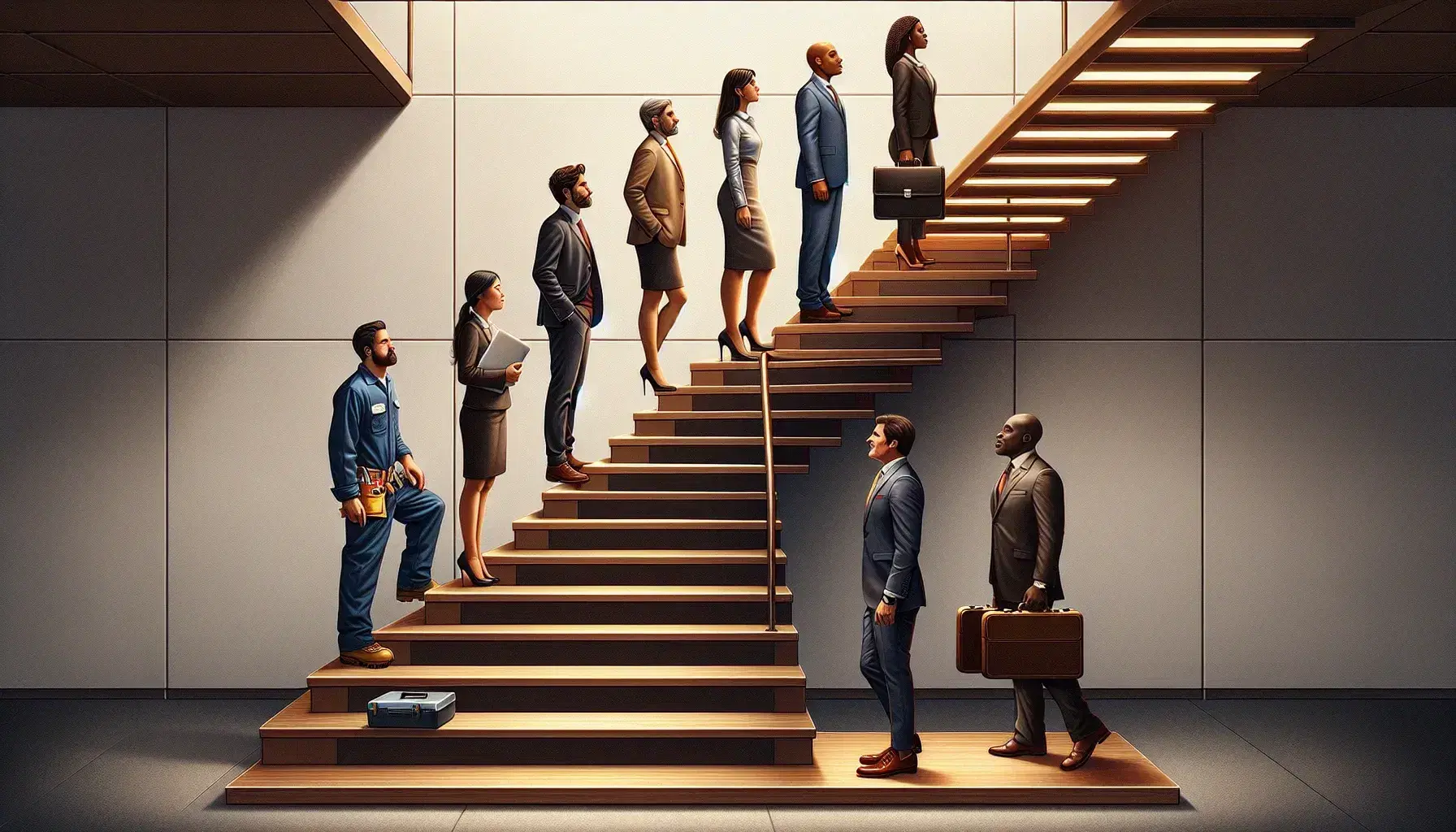 Multi-ethnic group on wooden ladder, from South Asian worker at the bottom to Caucasian man in formal dress at the top, symbolizes social progression.