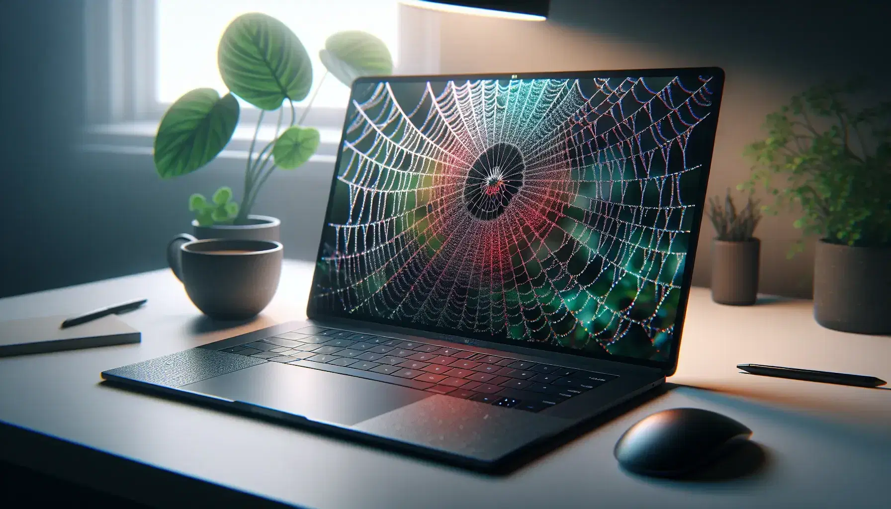Modern laptop on white desk with screen showing photo of spiderweb with dew, surrounded by wireless mouse, green plant and cup of coffee.