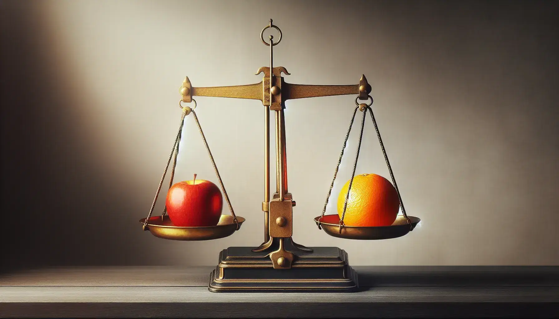 Báscula antigua de dos platos en equilibrio con una manzana roja y una naranja sobre superficie de madera oscura, fondo neutro desenfocado.