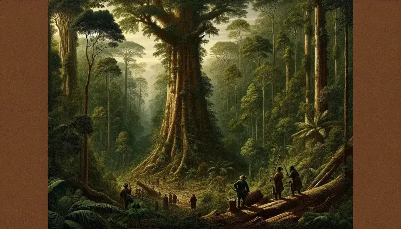 Paisaje selvático con árboles frondosos y tres personas en ropa de época extrayendo recursos de un árbol grande, bajo un cielo despejado.