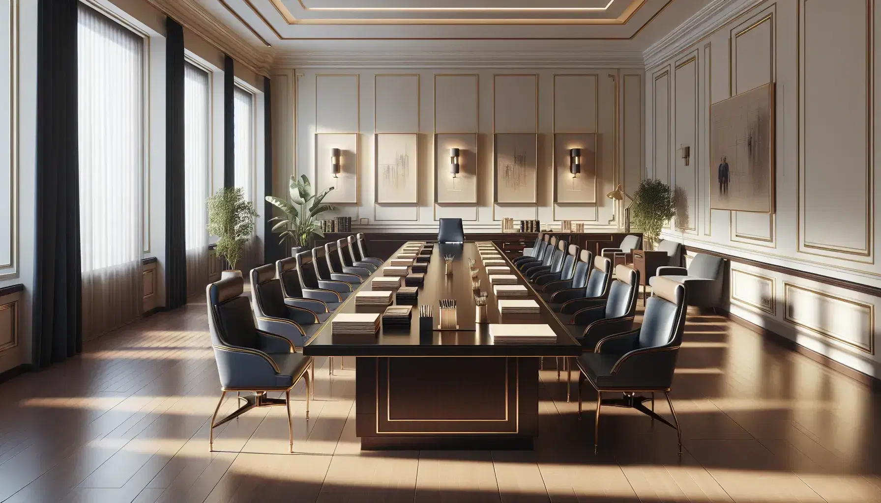 Sala de audiencias administrativa con mesa rectangular de madera oscura, sillas altas azul oscuro, documentos ordenados y planta decorativa.