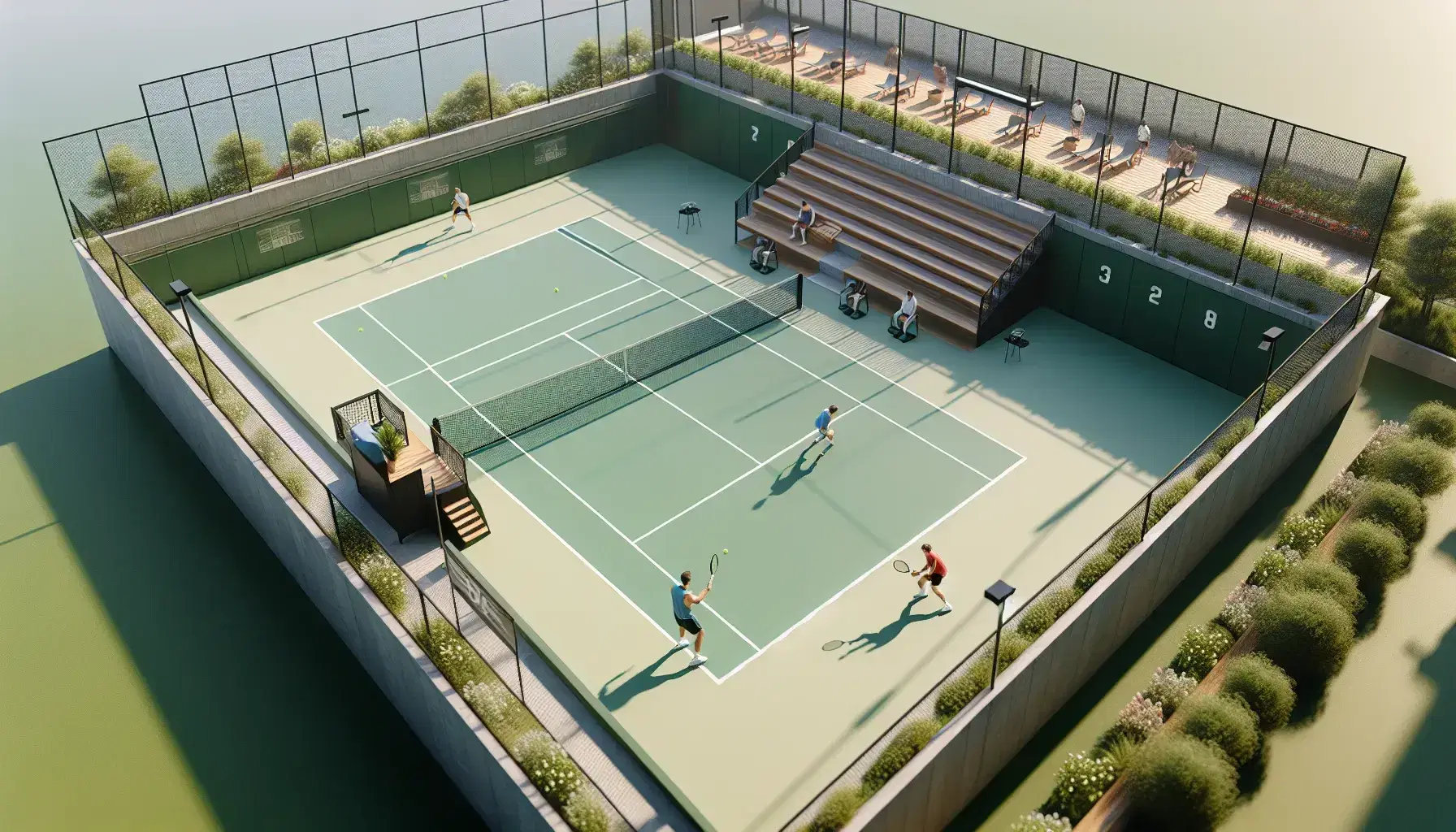 Cancha de tenis al aire libre con jugadores en acción, uno preparándose para golpear una pelota amarilla y otro en posición de respuesta, bajo un cielo despejado.
