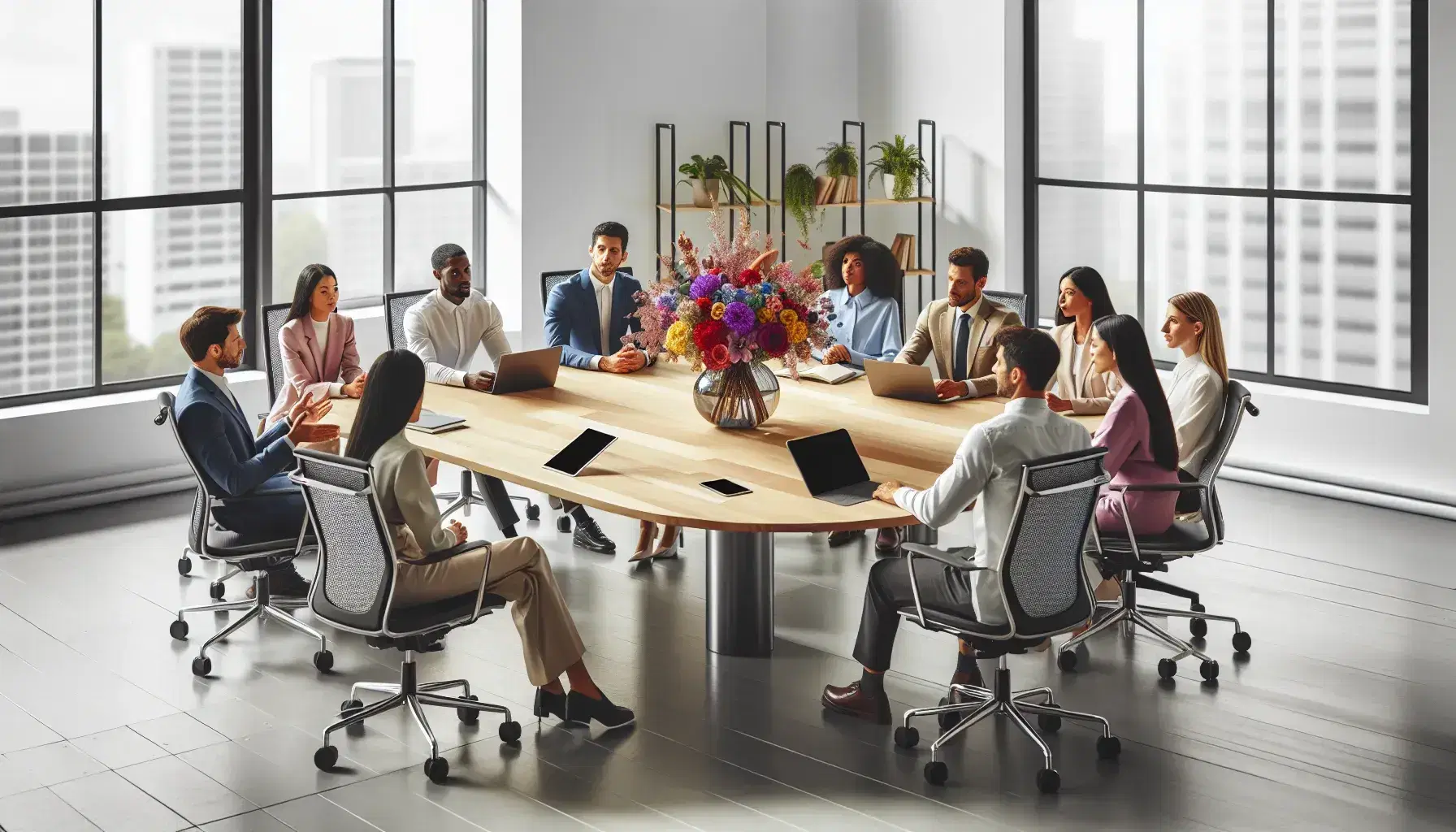 Diverse team in modern office engages in meeting around a wooden table with laptops, focusing on a vibrant centerpiece of flowers, in a well-lit space.