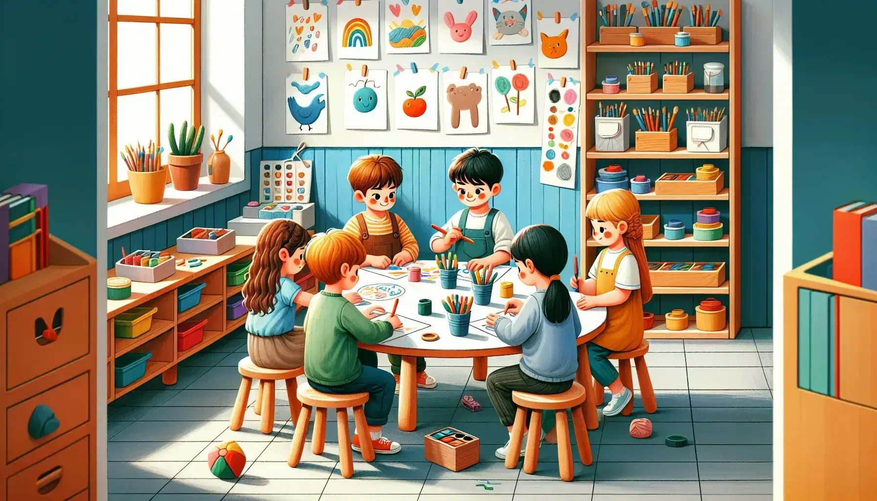 Aula escolar primaria colorida con cinco niños realizando actividades artísticas, rodeados de materiales de arte y decoraciones infantiles en la pared, bajo luz natural.