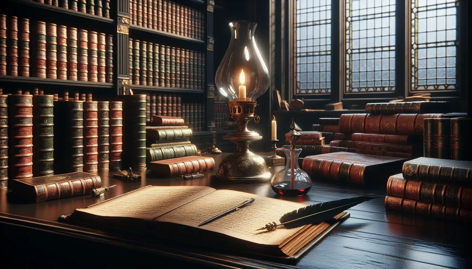 Biblioteca antica con scrivania in legno scuro, penna d'oca, calamaio argento, libro in pelle marrone, lampada a olio e scaffali con libri rilegati.