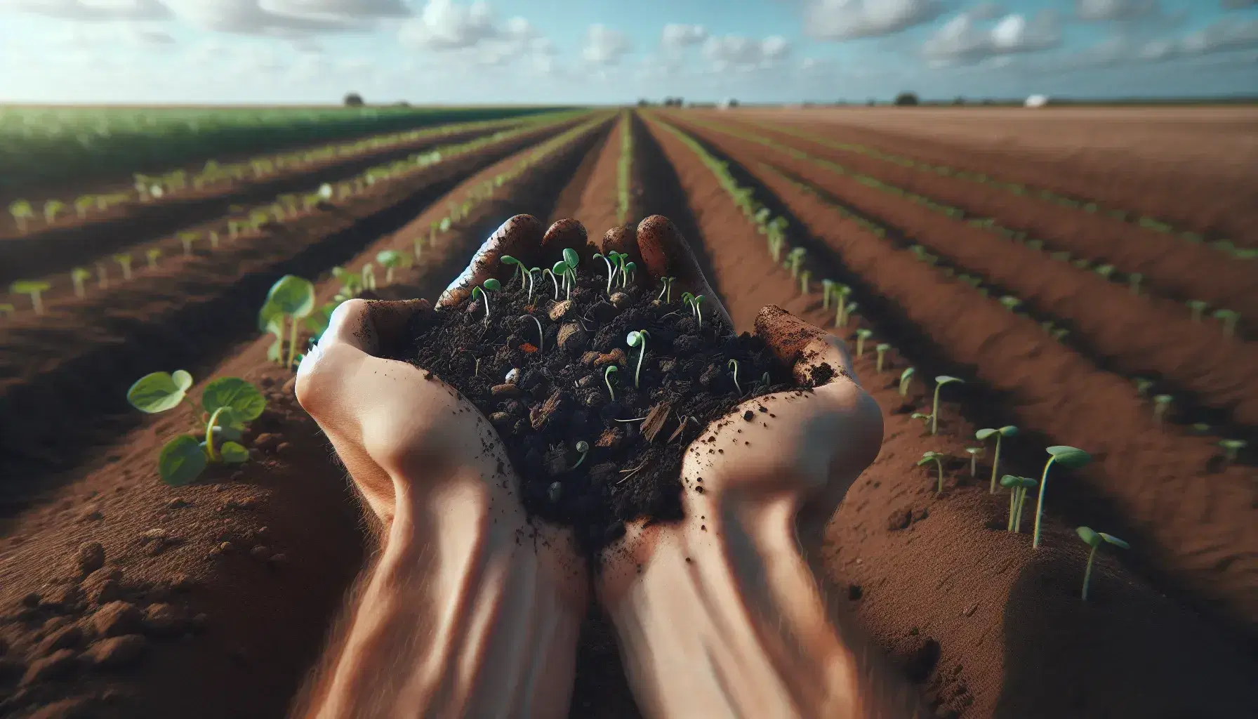 Manos sosteniendo tierra fértil con brotes verdes, con campo de cultivo y cielo azul al fondo.