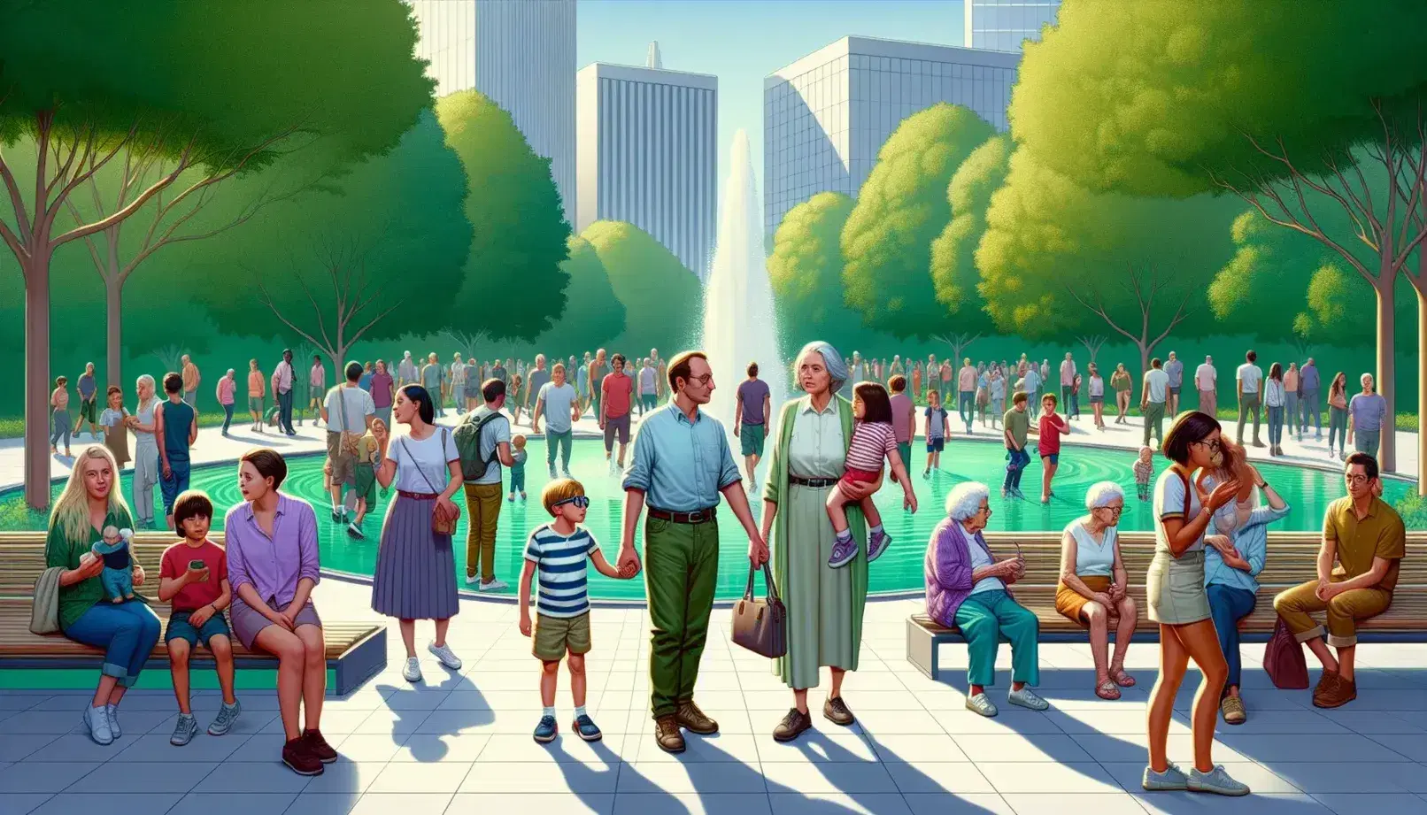 Grupo diverso de personas disfrutando de un día soleado en un parque urbano con árboles verdes, una fuente de agua y conversaciones animadas.