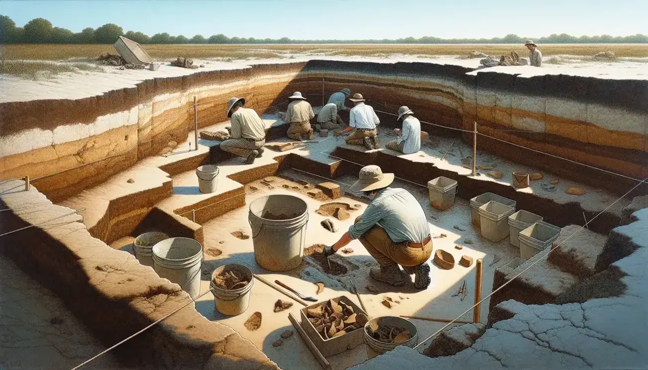 Excavación arqueológica en proceso con dos arqueólogos trabajando en un pozo de tierra, utilizando herramientas para descubrir fragmentos de cerámica y huesos, bajo un cielo azul claro.