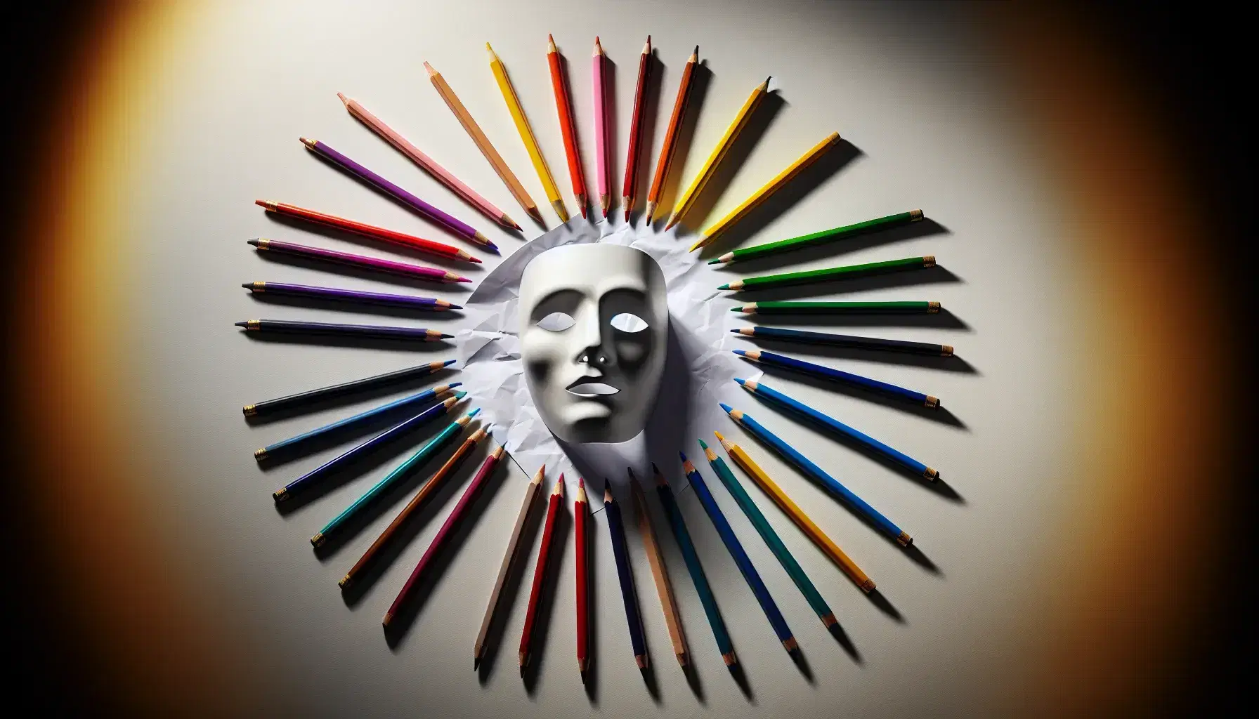 Matite colorate disposte a cerchio con effetto arcobaleno su sfondo bianco, al centro foglio leggermente accartocciato e maschera teatrale neutra.