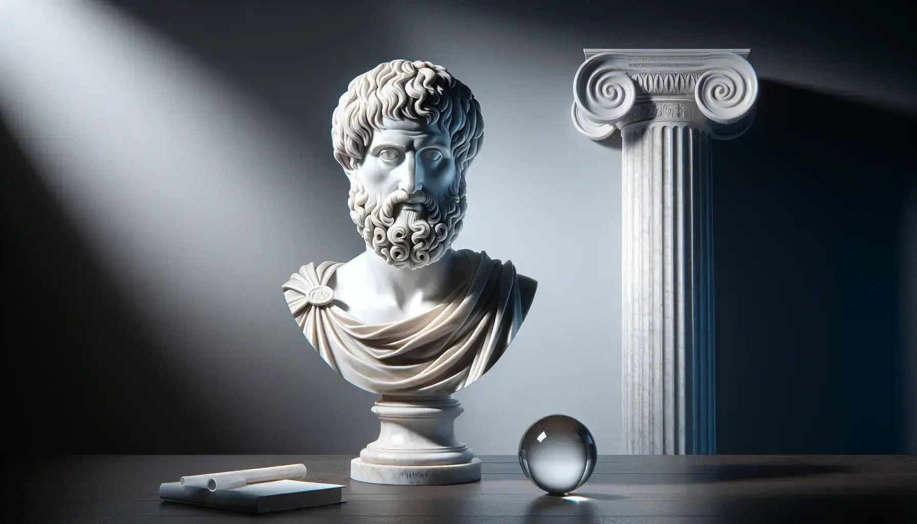 Statua marmorea di Aristotele pensieroso con capelli ondulati e barba, su sfondo gradiente grigio con colonne greche e oggetti riflettenti su tavolo.