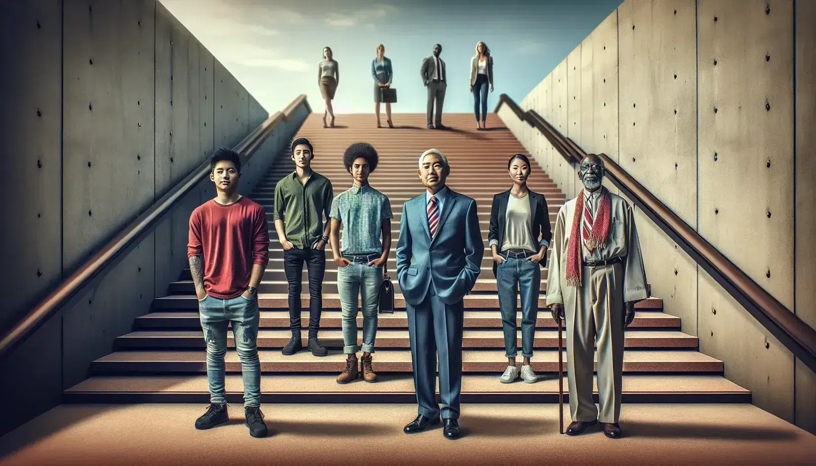 Multi-ethnic group of people of different ages on a stone staircase, with a young Hispanic man in the foreground and an elderly African man at the top.
