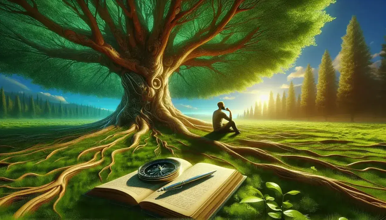 Árbol frondoso con tronco grueso y raíces visibles, hojas verdes intensas, cielo azul con nubes, figura humana reflexiva sentada, libro abierto y compás sobre la hierba iluminados por la luz solar.