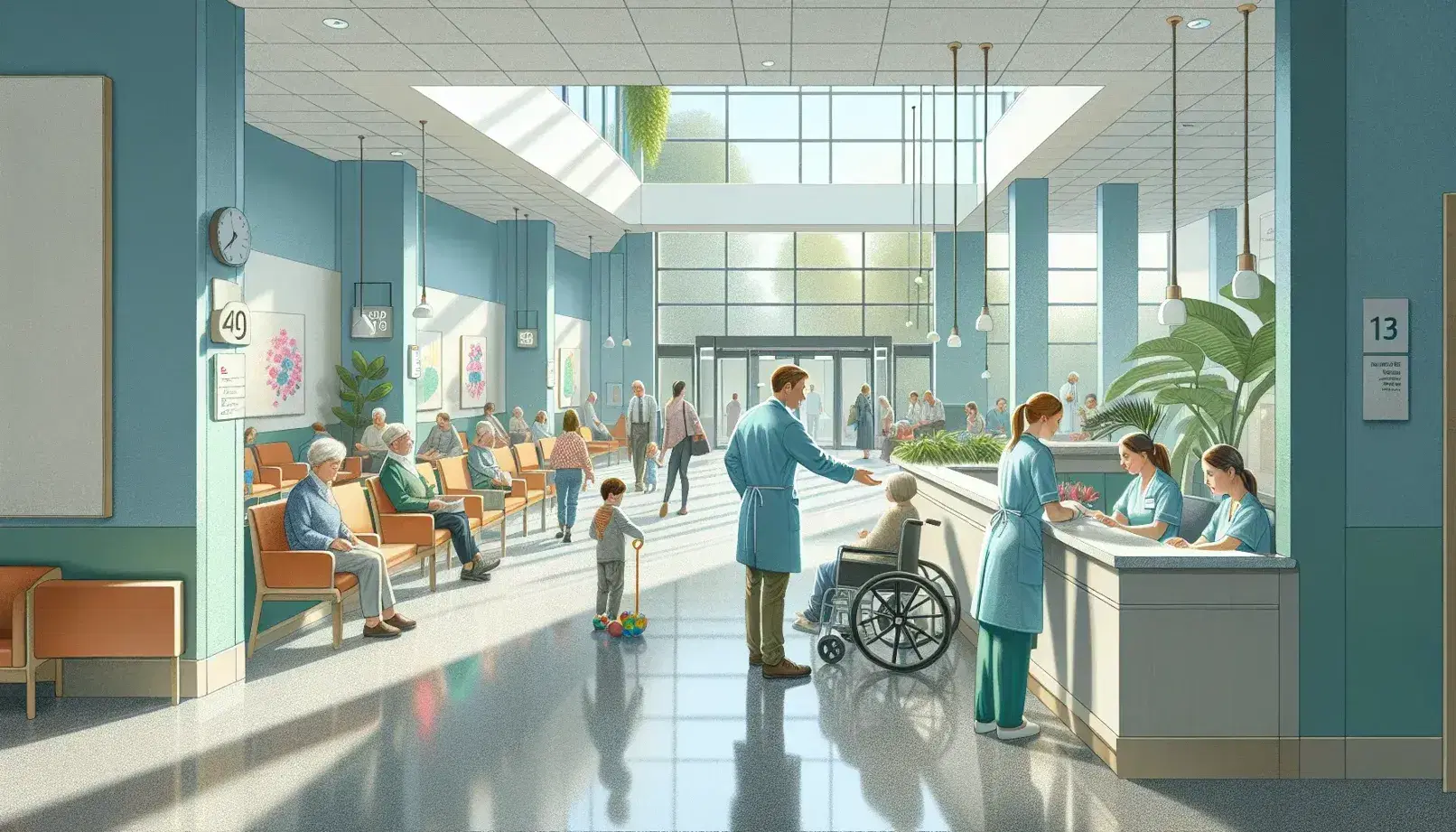 Bustling hospital lobby with a healthcare worker in blue giving directions at the reception, diverse visitors seated, child playing, and aid assisting an elderly person.