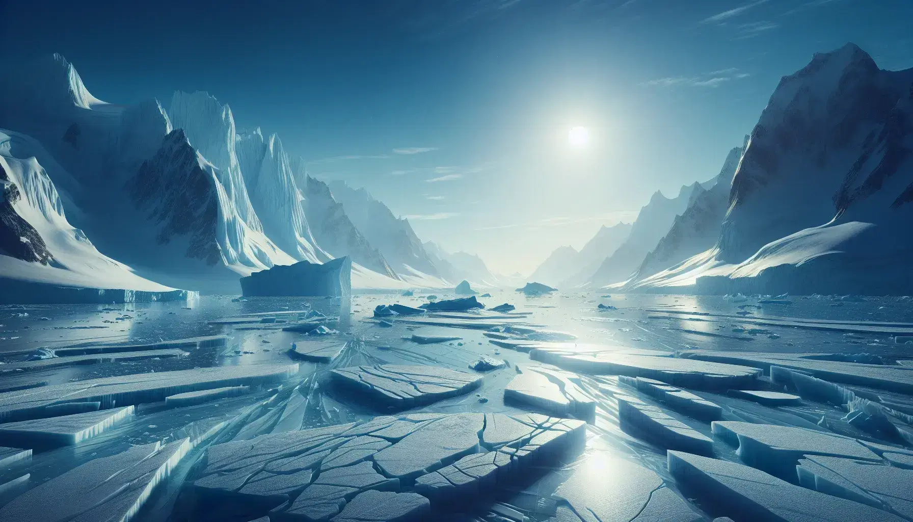 Formazione glaciale con crepacci e iceberg isolato su acque calme, montagne innevate sullo sfondo e cielo quasi sgombro.