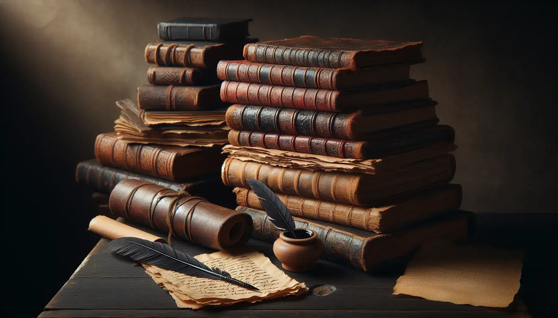 Colección de libros antiguos con tapas de cuero sobre mesa de madera oscura, pluma de ave en tintero y pergamino enrollado atado con cinta de cuero.