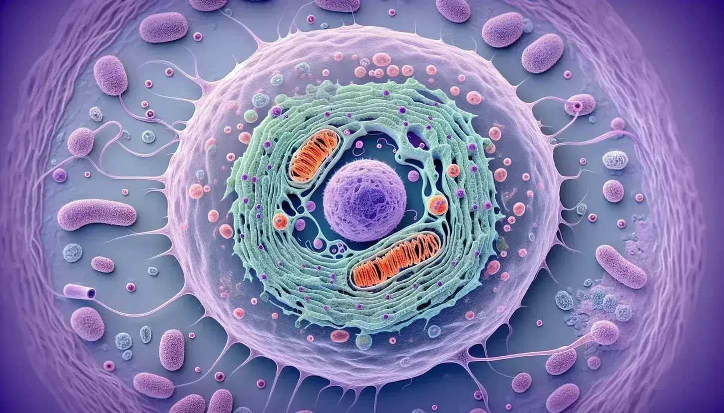 Vista microscópica de célula eucariota con núcleo púrpura, nucleolo oscuro, mitocondrias naranjas, cloroplastos verdes y cilia en la membrana.