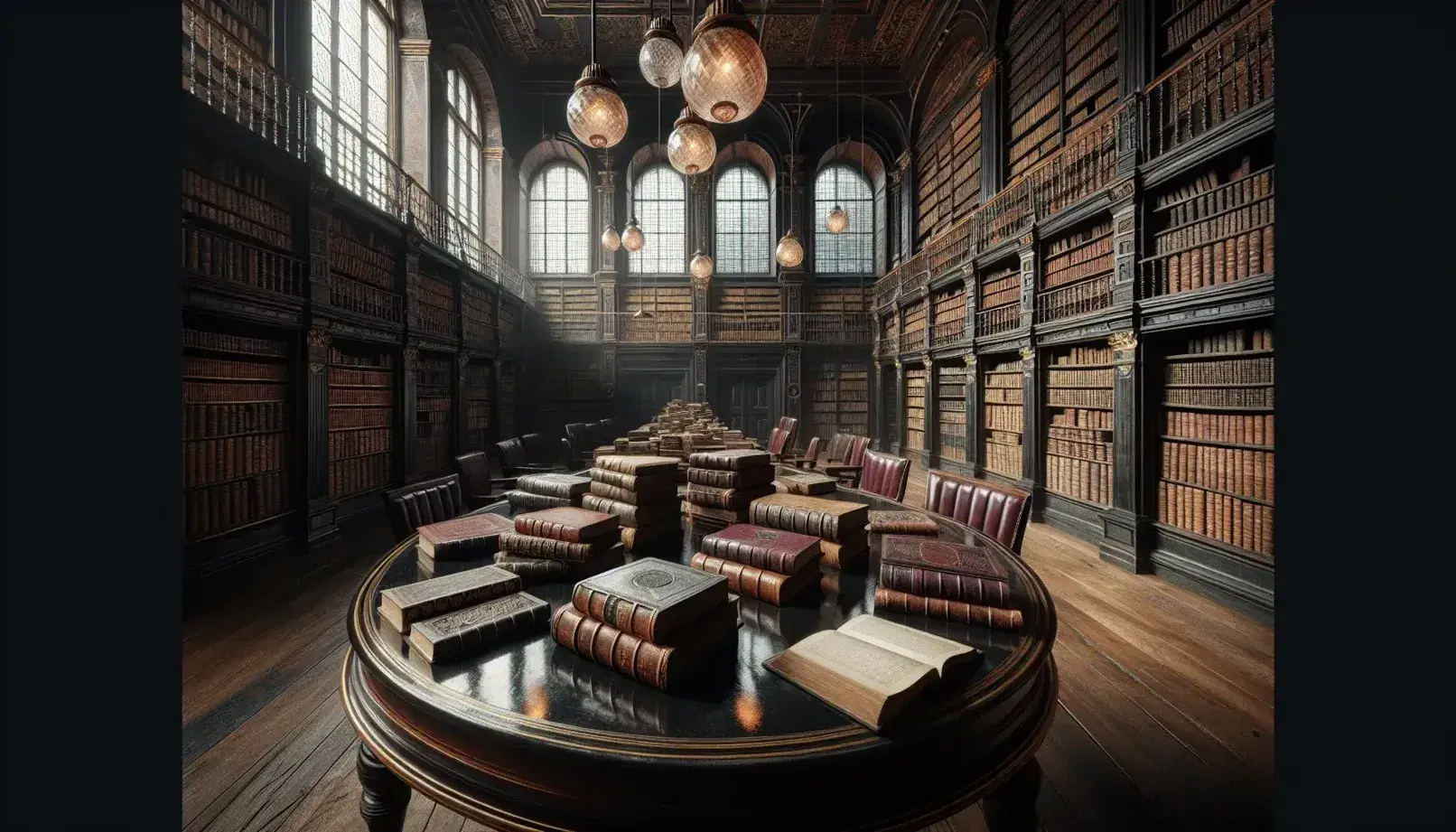Biblioteca antica con scaffali in legno scuro pieni di libri rilegati, tavolo ovale centrale, sedie imbottite e luce naturale da finestra ad arco.