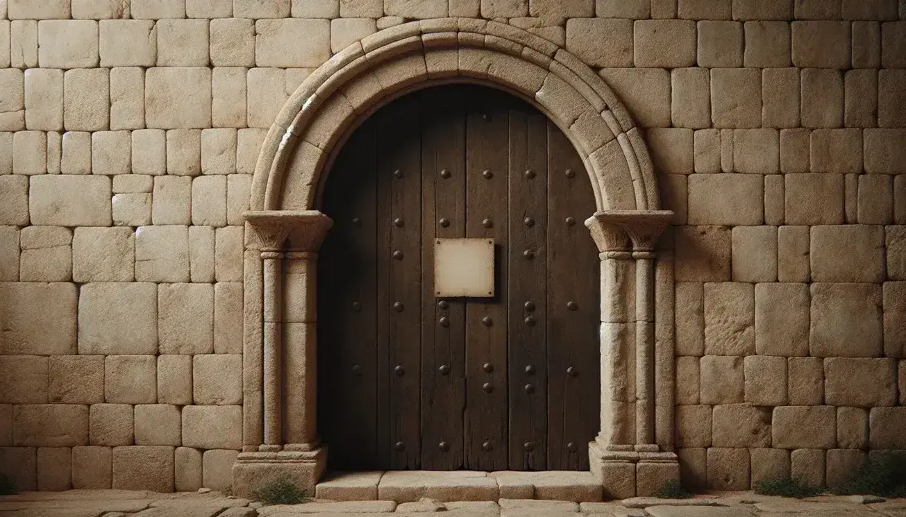 Weathered wooden door set in a stone archway with a blank paper nailed to it, surrounded by rustic stone blocks and sprouting greenery.