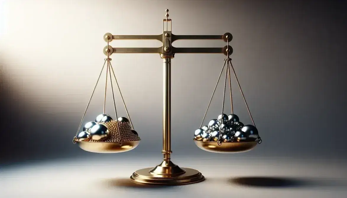 Classic brass scientific scale with two symmetrical plates and a large sphere on the right balanced by multiple small spheres on the left on a gray gradient background.