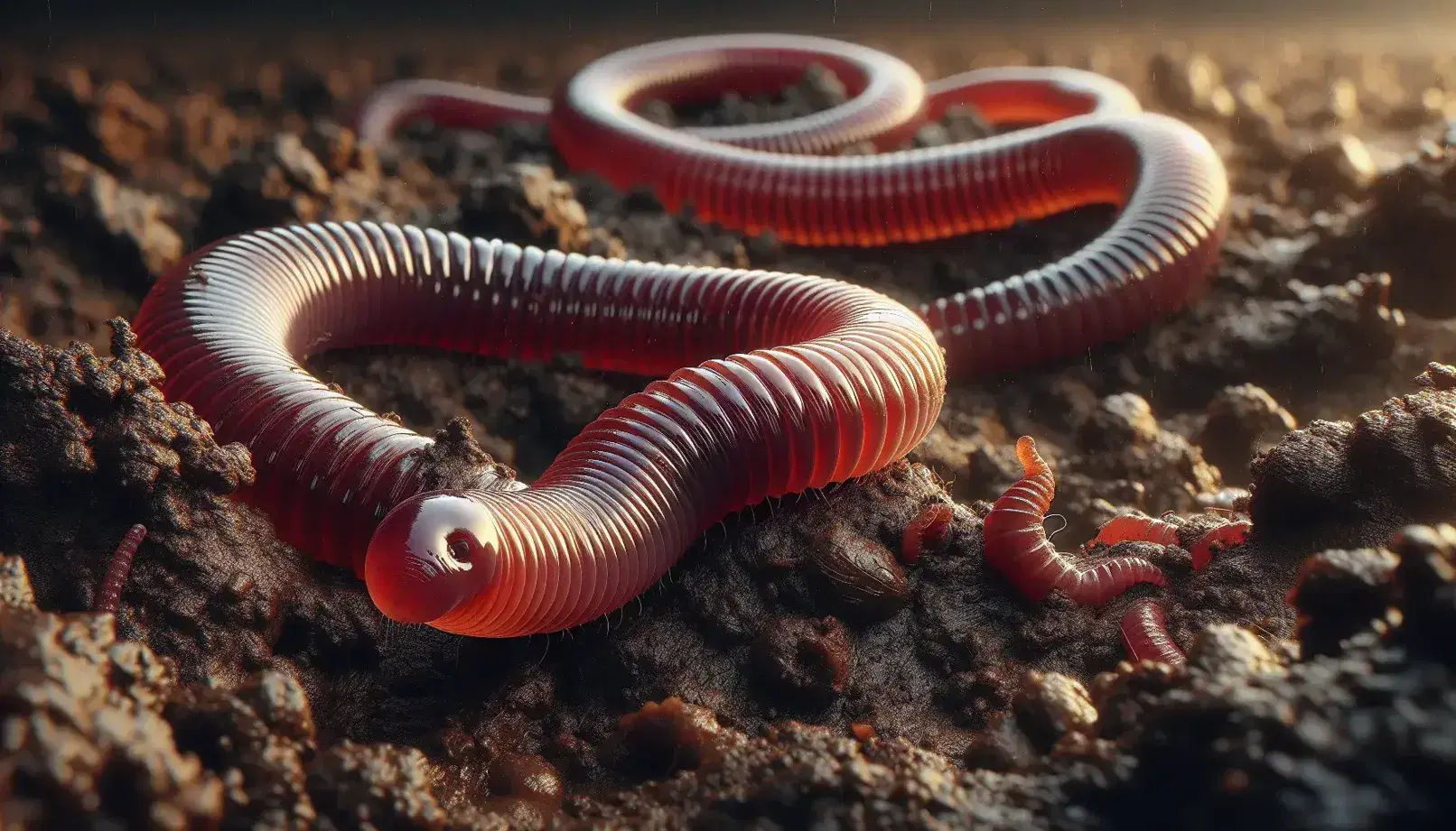 Lombrico rosso-marrone lucido con corpo segmentato in primo piano su terreno umido e organico, parzialmente immerso nel suolo.