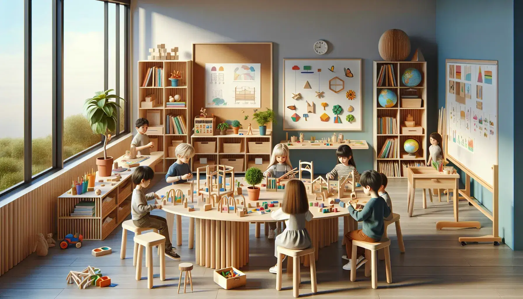 Aula colorida con estudiantes realizando actividades educativas, desde construcción con bloques geométricos hasta pintura y observación de mariposas, en un entorno iluminado y equipado.