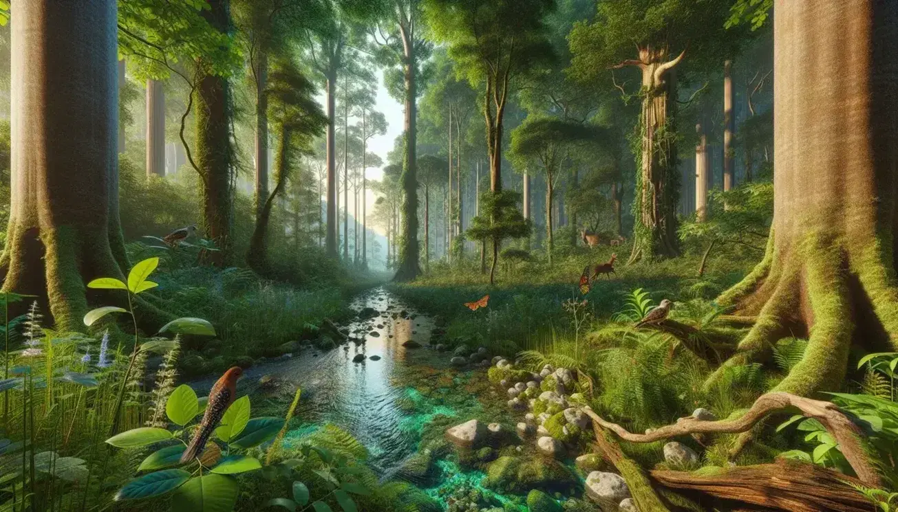 Foresta rigogliosa con varietà di alberi verdi, ruscello limpido, uccello su ramo, farfalla su fiore e silhouette di cervo.