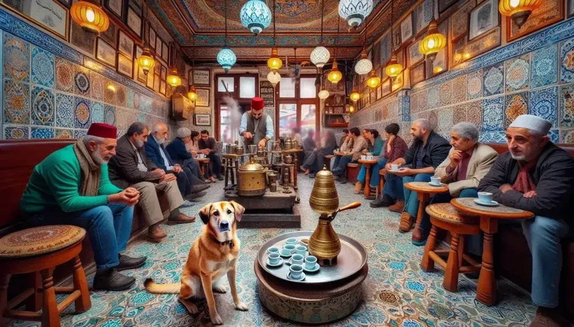 Cane fulvo seduto su pavimento piastrellato con motivi geometrici in caffetteria storica di Istanbul, circondato da persone e decorazioni tradizionali.