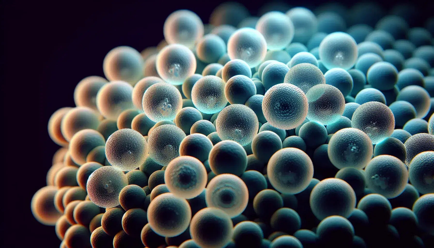 Translucent spherical liposome-like structures with visible double layer, in various sizes, on a dark background without symbols.