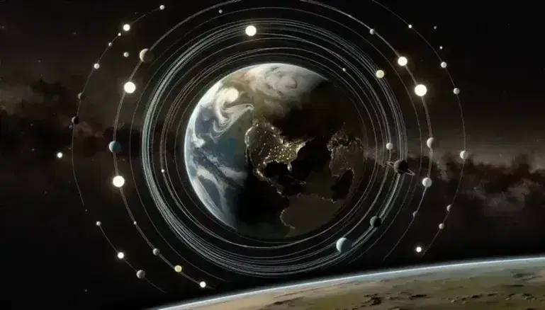 Cielo stellato notturno con pianeta parzialmente illuminato, orbite celesti stilizzate e paesaggio terrestre in ombra.