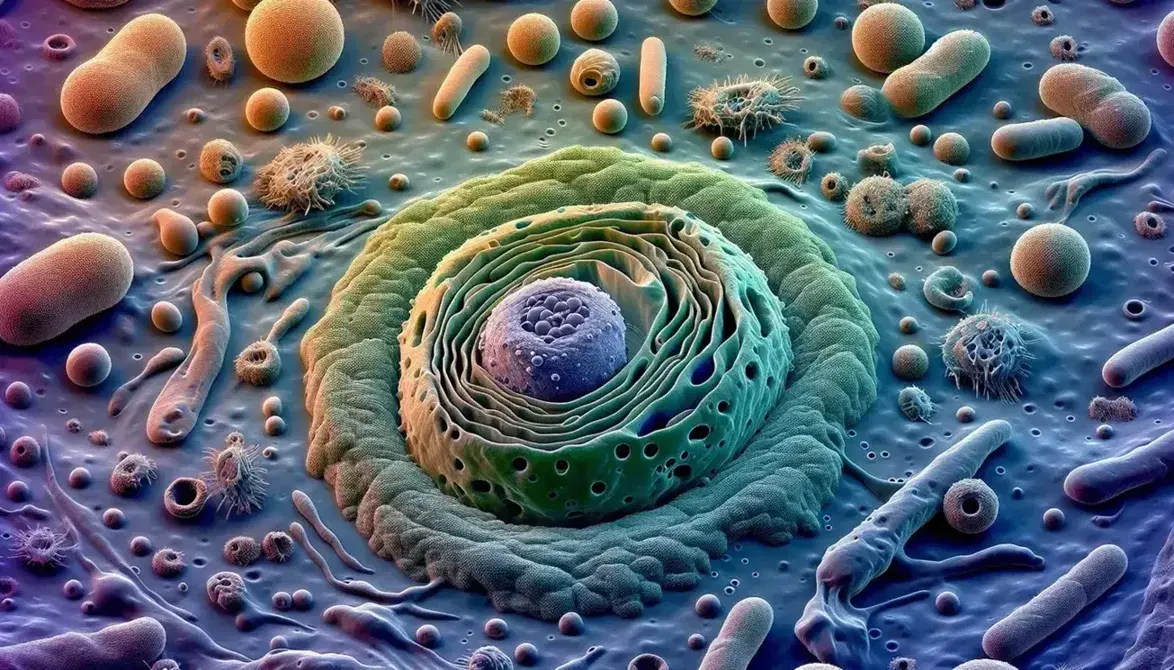 Micrografía electrónica a color de célula eucariota con núcleo ovalado, nucleolo, citoplasma con orgánulos y membrana plasmática ondulada.