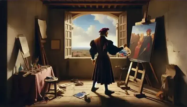 Artista renacentista pintando en su estudio con luz natural, paleta de colores en mano, frente a un caballete y ventana con vista a edificios históricos.