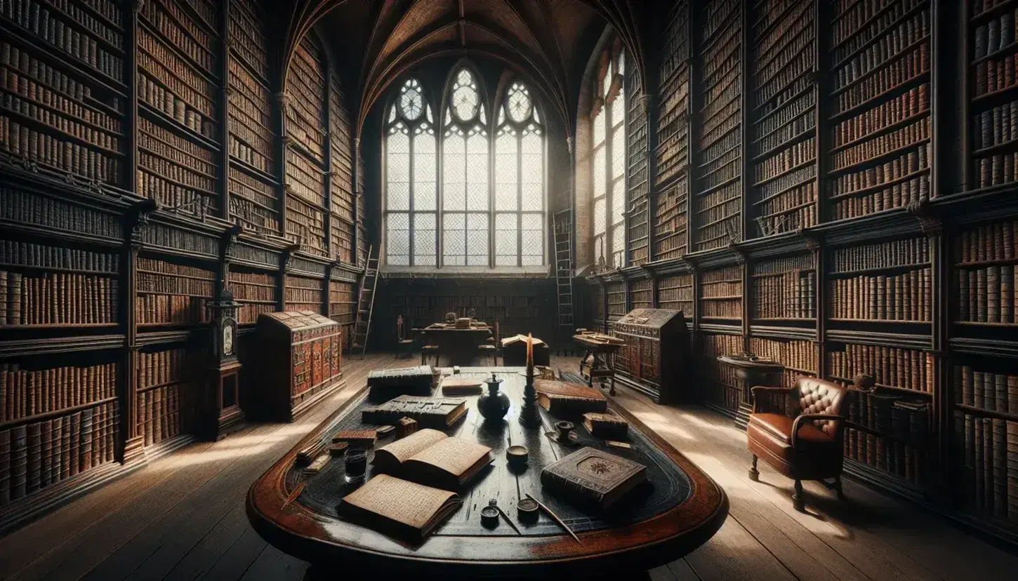 Biblioteca antica con scaffali in legno scuro pieni di libri rilegati, tavolo ovale centrale con libri aperti, penna e calamaio, e poltrona in pelle.
