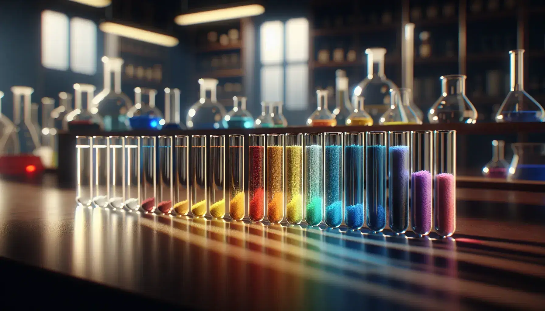Provette di vetro trasparente con polveri colorate in ordine cromatico su scaffale in legno in laboratorio sfocato.