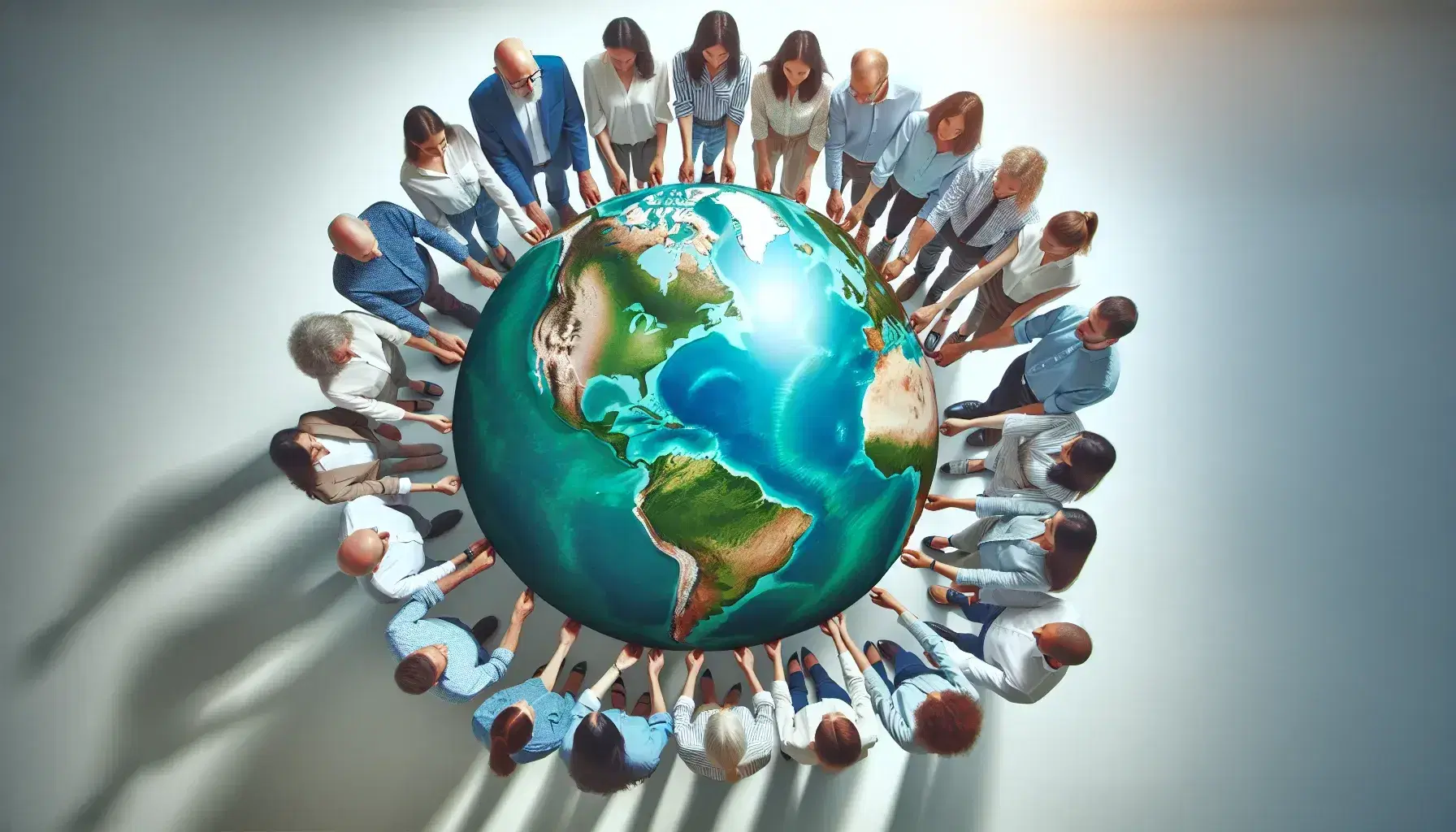 Grupo diverso de personas colaborando y sosteniendo un globo terráqueo colorido, simbolizando trabajo en equipo y diversidad cultural.