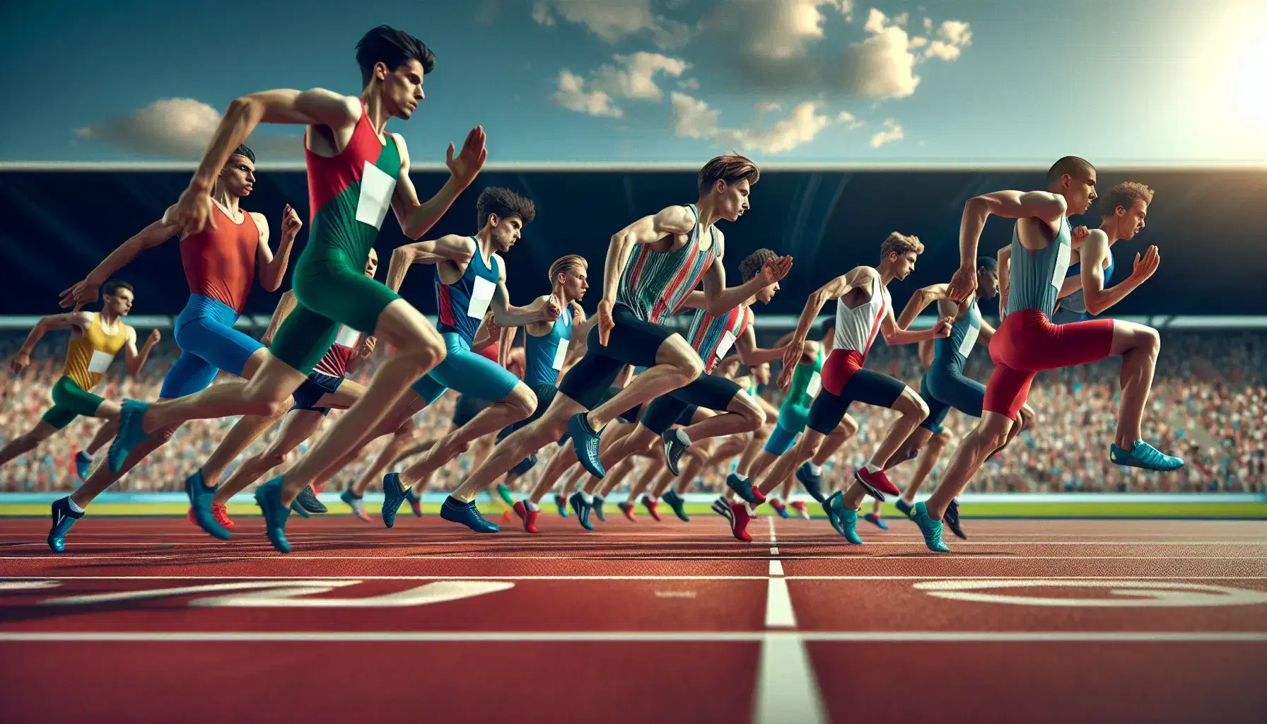 Atleti in gara di sprint su pista di atletica leggera, con divise colorate e pista rossa, sotto un cielo sereno.