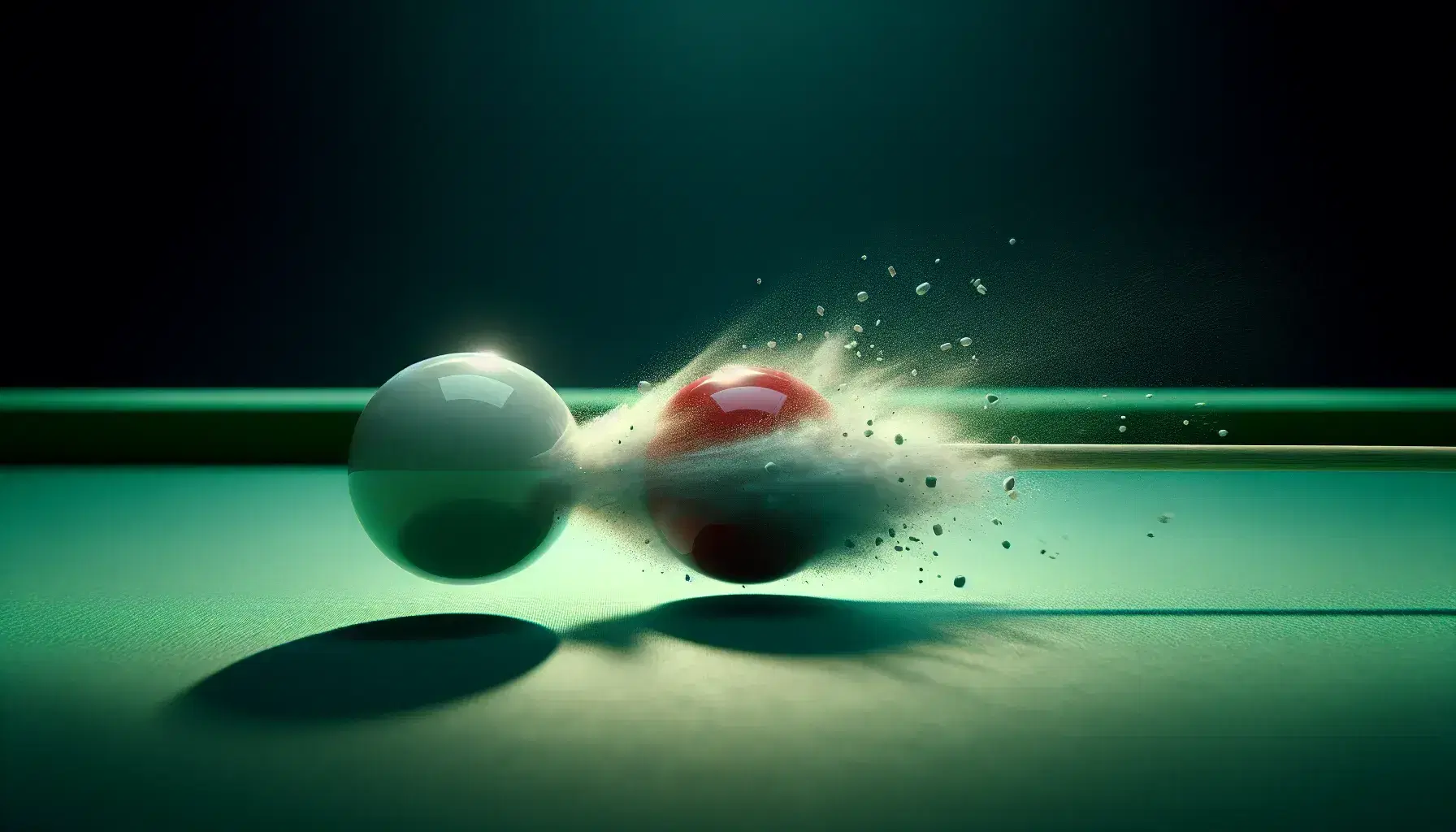High-speed photograph capturing the moment of collision between a white and a red billiard ball on a green felt table, with visible compression wave.