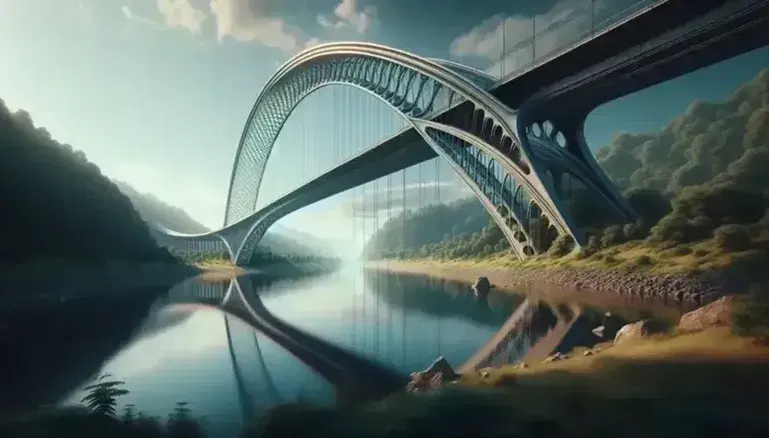 Ponte sospeso con struttura parabolica su fiume, cavi a parabola, cielo azzurro con nuvole sparse e vegetazione verde sulle rive.