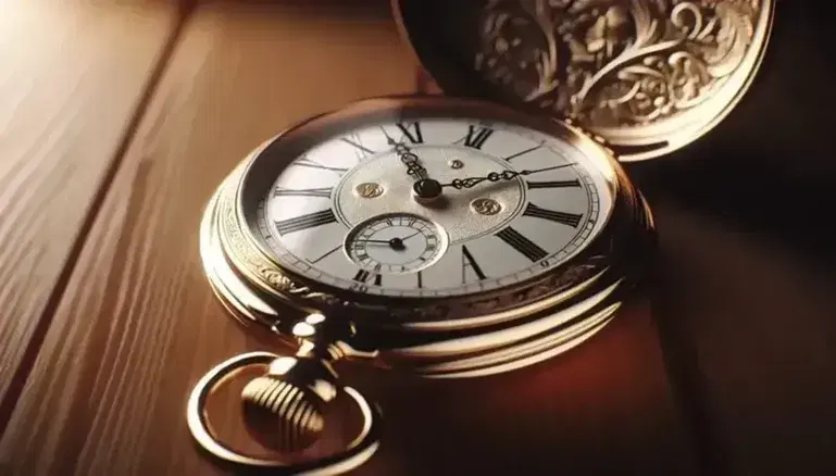 Gold pocket watch with Roman numerals open to show 3 o'clock on a wooden desk, intricate floral engravings on the cover, soft lighting.