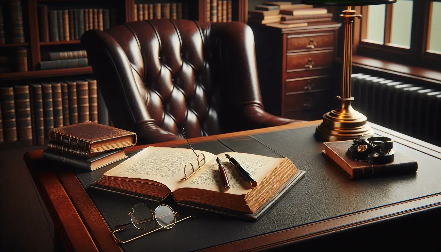 Cozy study room with mahogany desk, open vintage book, round glasses, fountain pen on notebook, leather armchair, brass lamp, and book-filled shelves.
