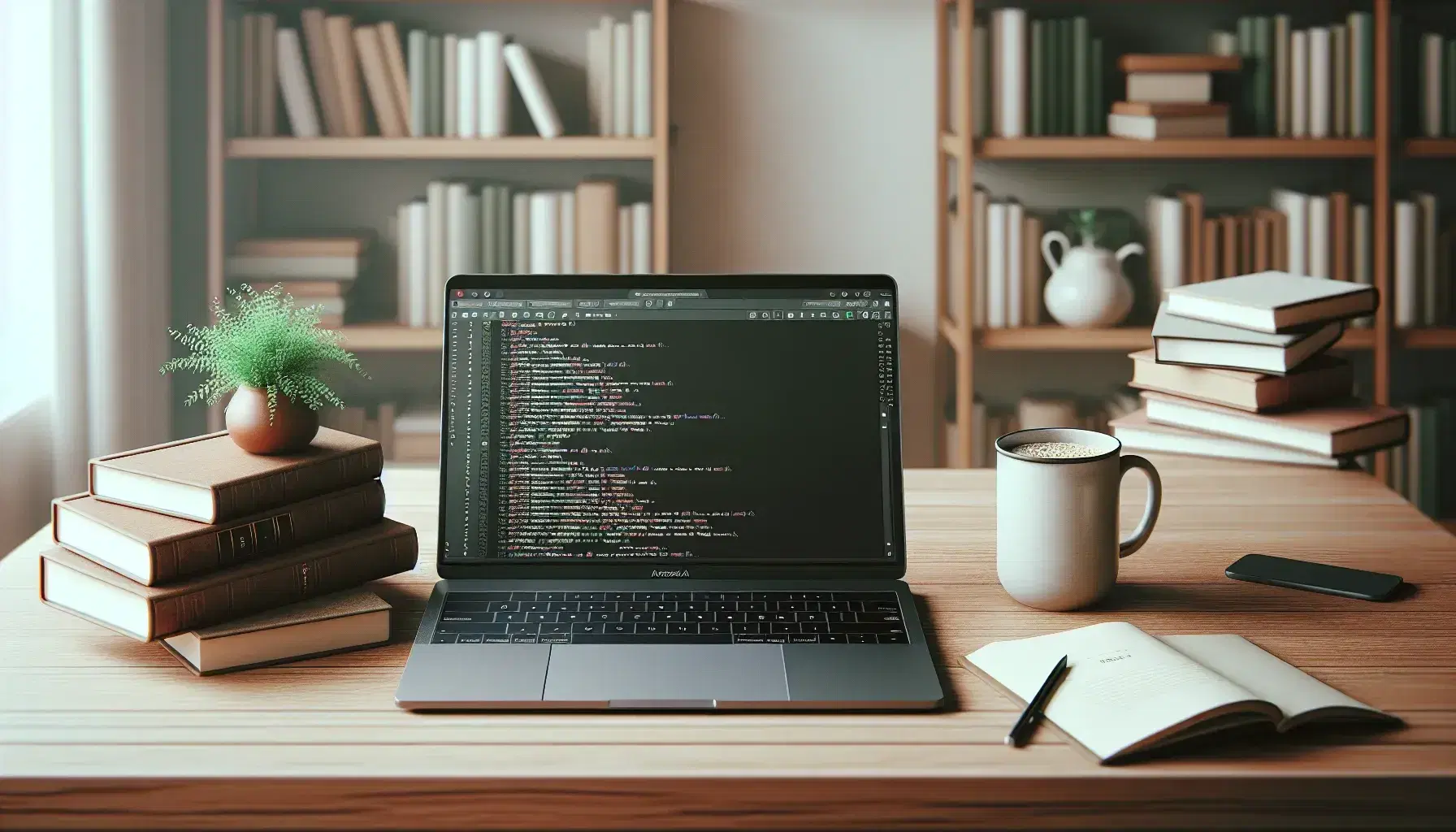 Tidy workspace with open laptop, coffee cup and green plant on wooden desk, blurred background with bookcase.