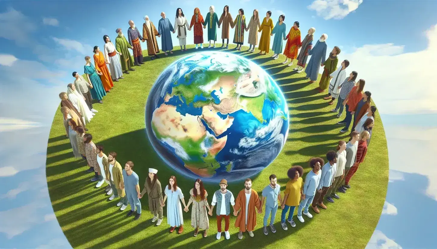 Círculo de personas diversas unidas de la mano alrededor de un globo terráqueo, simbolizando unidad y cuidado global en un día soleado al aire libre.