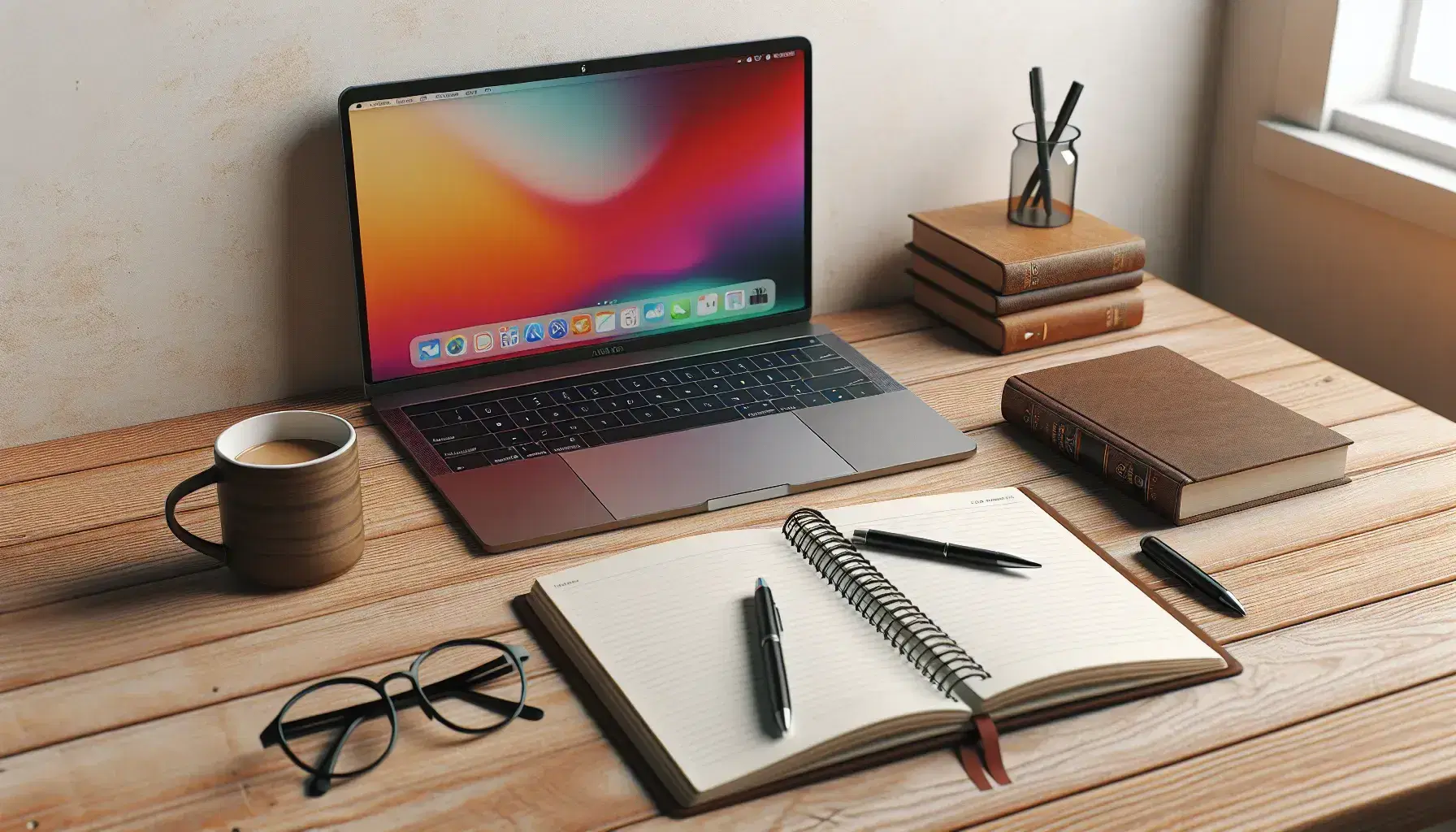 Escritorio de madera con portátil abierto, libro cerrado con marcapáginas, gafas negras, taza de café y cuaderno espiral con bolígrafo.